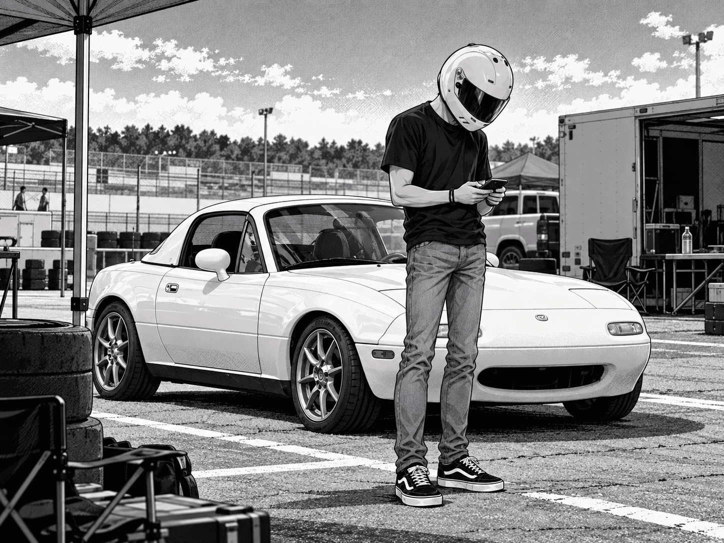 A driver standing in the paddock area