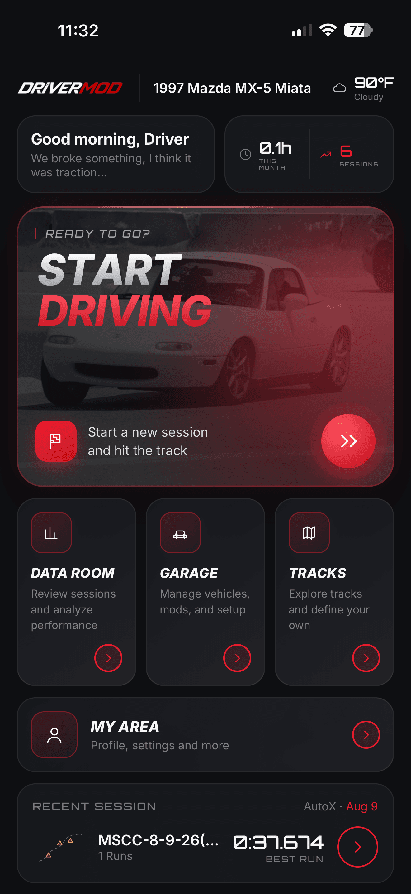 The DriverMod home screen: Start driving, Data Room, Garage, Tracks and your most recent session