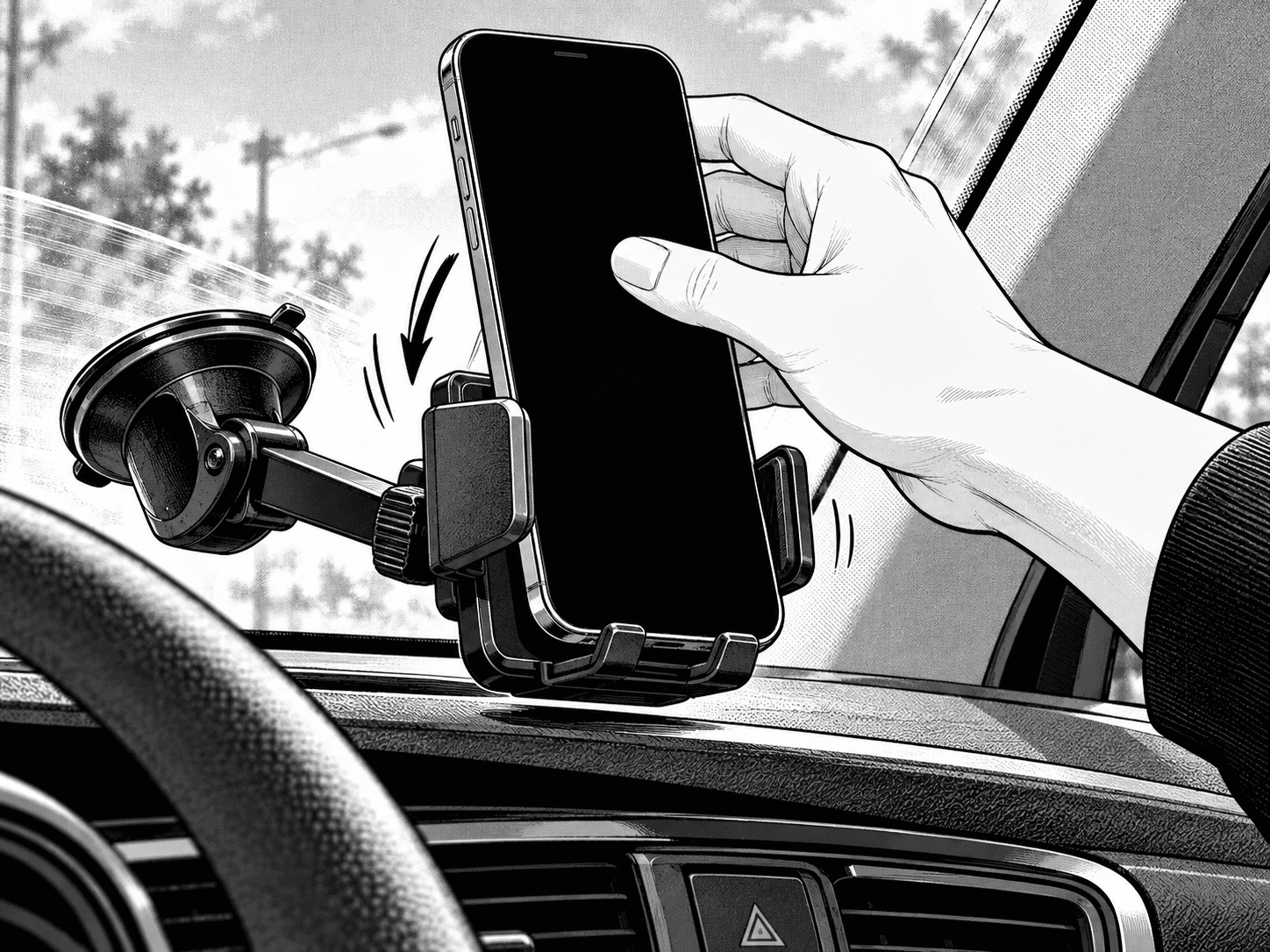 A phone mount clipped to a car windshield